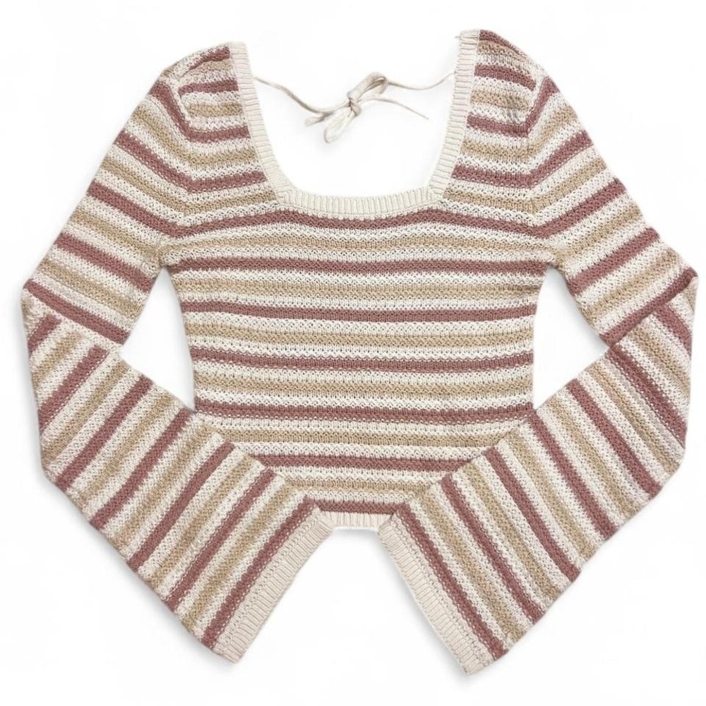 Hollister Crochet Sweater Striped Long Sleeve Top Sz M Cropped Open Back Preppy